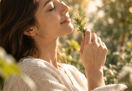 A woman enjoying the scent of fresh herbs in sunlight